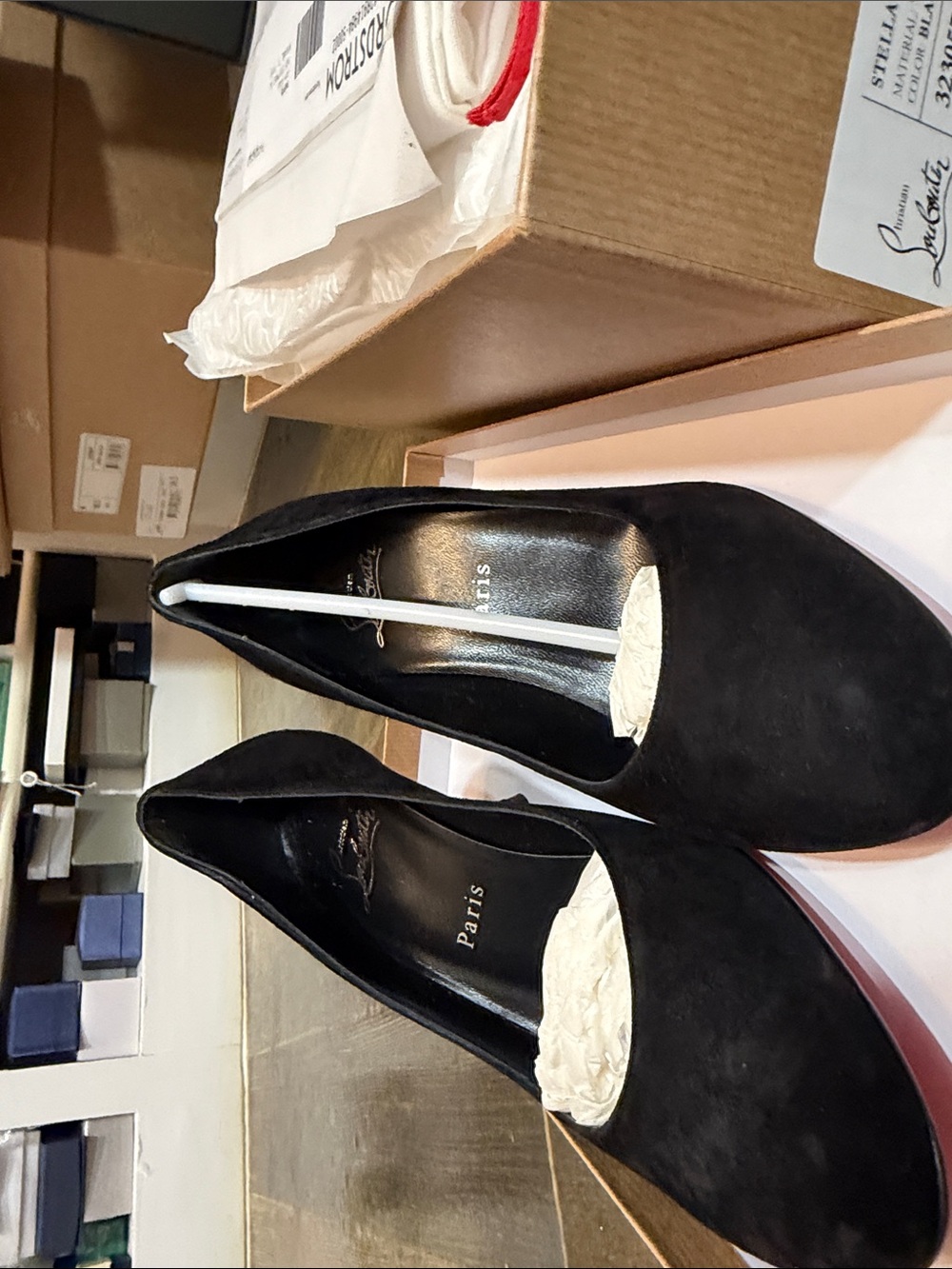 Christian Louboutin STELLA 70 Suede Pumps Flared Stiletto Heel Shoes Black - Picture 3 of 10